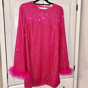 Pink Sequin Dress with Feather Cuffs